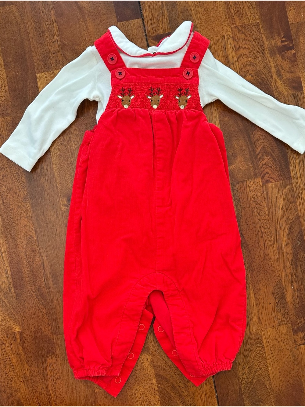Baby Boden Red Smocked Reindeer Overalls with White Bodysuit